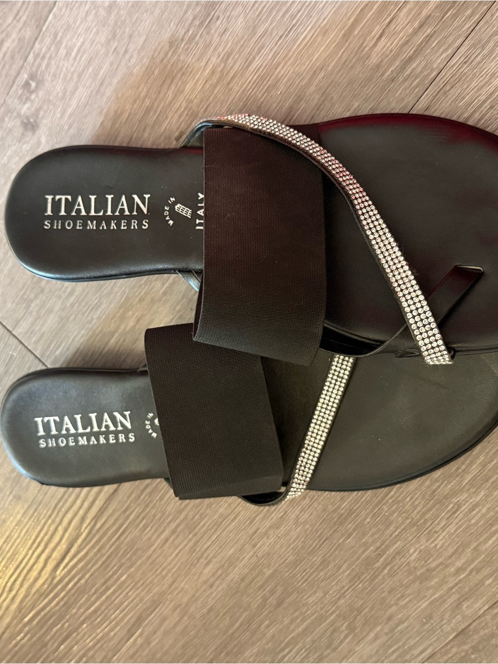 Italian Shoemakers Black Slide Sandals with Rhinestone Accent
